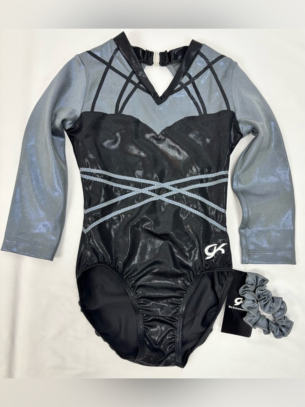 New GK Elite Black Gray Elegance 3/4 Sleeve Competition Leotard AXS Adult Girl